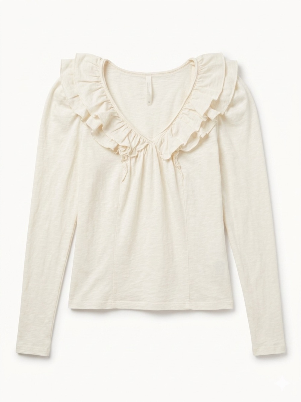 Anthropologie Women’s Ruffle V-Neck Long Sleeve Knit Top Size XXS Cream Cotton